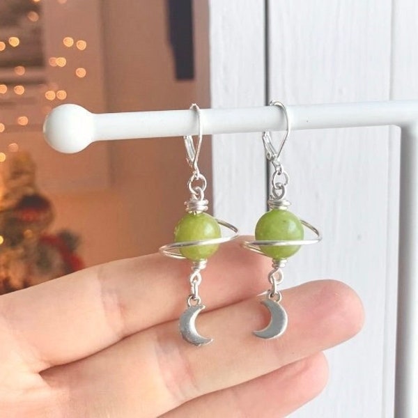 Green planet earrings - stainless steel hooks - hypoallergenic - celestial earrings - solar system - moon and sun - dangle earrings