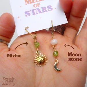 Mismatched sun earrings - gemstone earrings - boho style - moon and sun - astrology earrings - hypoallergenic - dangle and drop earrings
