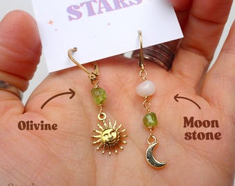 Mismatched sun earrings - gemstone earrings - boho style - moon and sun - astrology earrings - hypoallergenic - dangle and drop earrings