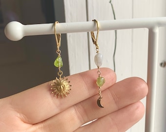 Mismatched sun earrings - gemstone earrings - boho style - moon and sun - astrology earrings - hypoallergenic - dangle and drop earrings