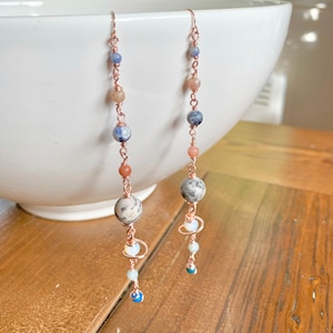 Boucles d'oreilles système solaire - Or rose - Crochets or rose 14 carats/acier inoxydable - Boucles d'oreilles planète - Cadeau de Noël