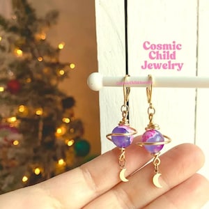 Planet earrings - stainless steel hooks - hypoallergenic - celestial earrings - boho style - moon and sun - dangle earrings