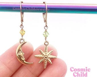 Mismatched stars and moon earrings - gemstone earrings - moon and sun - astrology earrings - hypoallergenic - dangle and drop earrings