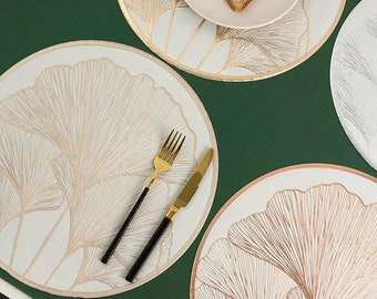 A set of 3D Embossed Ginkgo Leaves Pattern Placemat Set (A set of 4pcs) - PVC Round Placemat Set