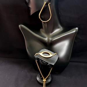 2pc Gold Jewerly Set, Rugby Bracelet, Teardrop Earrings. Bracelet 11in Slider, 1.5in Gold Hoops. Gold Plated Stainless Steel. *SPEC PRICE*