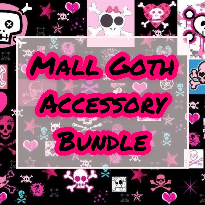 Op de afbeelding: Een roze en zwarte digitale afbeelding met schedels, harten en sterren. De tekst "MALL GOTH ACCESSORY BUNDLE" staat in grote, vetgedrukte, roze letters.