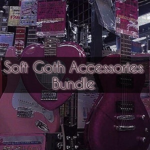 Könnte beinhalten: Eine pinkfarbene und violette E-Gitarre mit einem herzförmigen Ausschnitt im Korpus. Die Gitarre ist in einem Musikgeschäft ausgestellt. Der Text "Soft Goth Accessories Bundle" ist über das Bild gelegt.