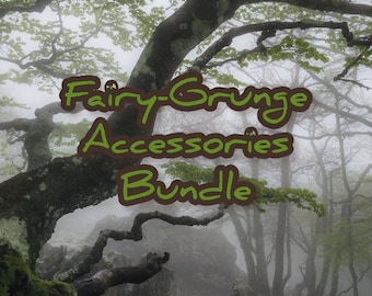 May include: A misty forest scene featuring a large, twisted tree branch in the foreground. The image has the text "Fairy-Grunge Accessories Bundle" in green and brown, indicating a nature-inspired product collection.