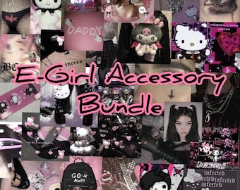 May include: A collage of various accessories in a pink and black aesthetic. Includes plush toys, a skateboard, a backpack, and text that reads "E-Girl Accessory Bundle". The image has a dark, edgy theme.