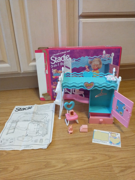 Vintage 1990's Barbie STACIE 3 in 1 Bunk Bed Retired Mattel Blue & Pink  Bed, Desk, and Closet 