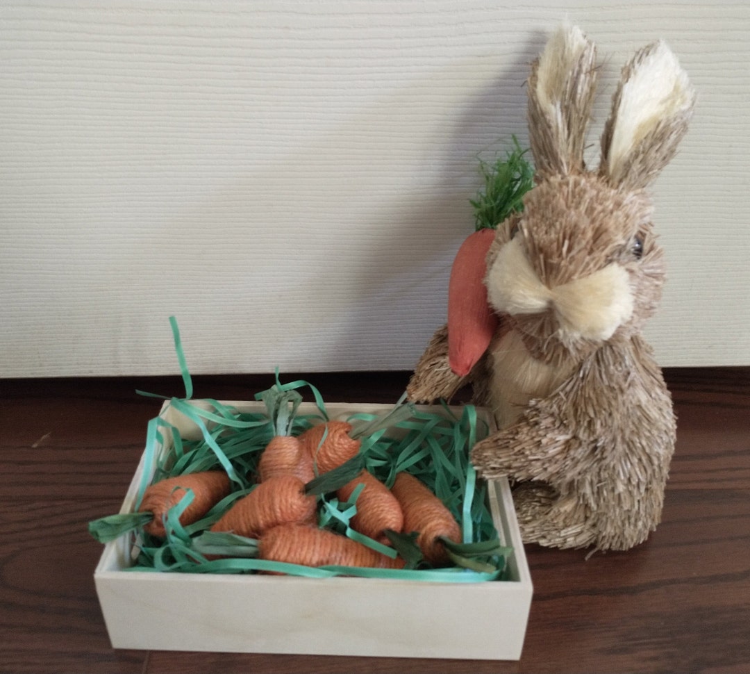 Straw Easter Bunny Holding a Carrot With Crate of Carrots Easter Decor