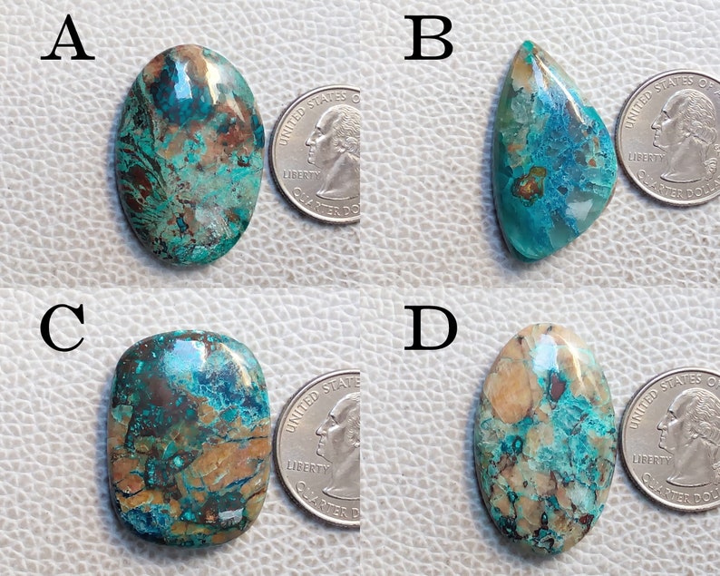 K&ouml;nnte beinhalten: Vier t&uuml;rkisfarbene Cabochons, jeder mit einem einzigartigen Muster aus Braun und Gr&uuml;n, werden neben einem US-amerikanischen Viertel f&uuml;r den Gr&ouml;&szlig;envergleich angezeigt. Die Cabochons sind oval und tropfenf&ouml;rmig.
