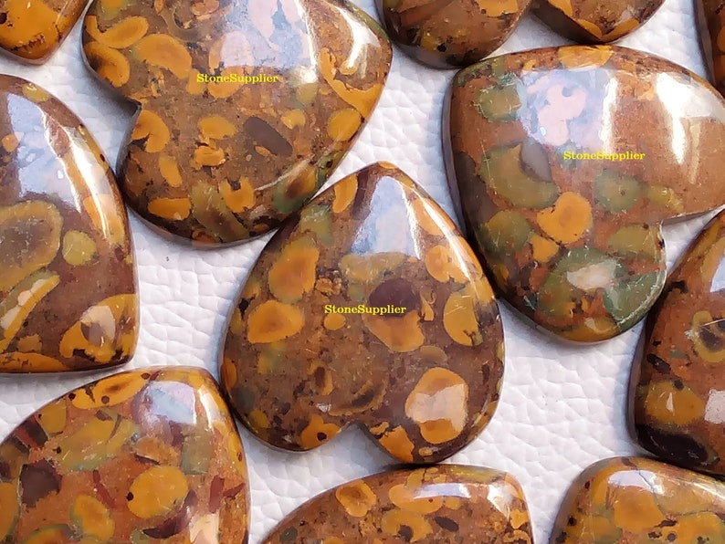 May include: A collection of seven heart-shaped, polished, brown, yellow and green jasper stones. The stones have a mottled, speckled pattern. The stones are arranged in a semi-circle on a white surface. The text "StoneSupplier" appears on three of the stones.