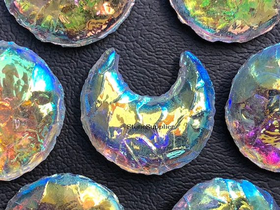 Aura Obsidian Crystal Moon, Titanium Coated Crescent Jewelry (30-35MM)