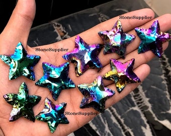 Aura Titanium Star, Aura Titanium Coated Obsidian Star, Black Obsidian Aura Star Carvings, Crescent Star, Wholesale By StoneSupplier