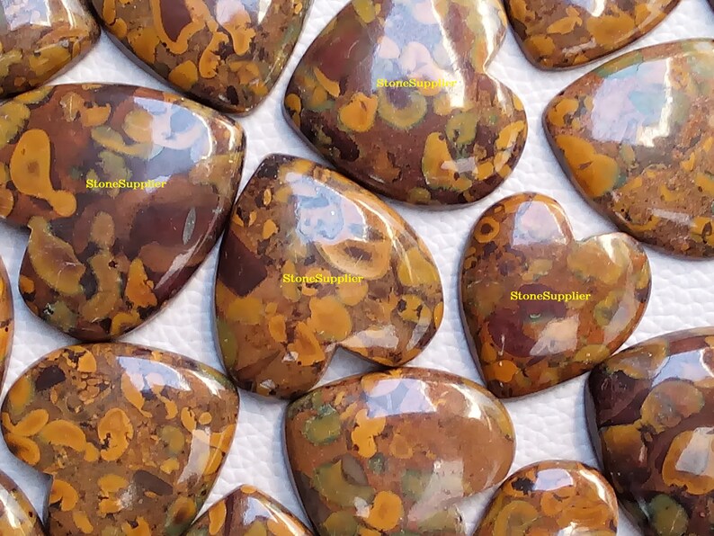 May include: A collection of heart-shaped, polished, brown, yellow, and green jasper cabochons. The cabochons have a mottled, marbled pattern.