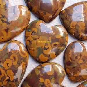 May include: A collection of eight heart-shaped polished stones with a brown, yellow, and green marbled pattern. The stones are arranged in a semi-circle on a white surface. The text "StoneSupplier" is visible in the centre of the image.