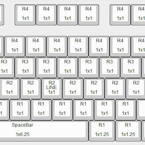 May include: A top-down view of a keyboard keycap set. The keycaps are white with black lettering and symbols. The layout includes various sizes and shapes, with labels like "R4", "R3", "R2", and "R1", and measurements like "1x1" and "1x2.25".