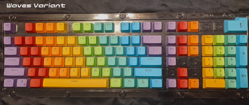 104 Custom Rainbow PBT Keycap Set for Cherry MX style switches. Backlit Keys. Colorful Mechanical Keyboard Mod. Keycaps Only. Waves Variant