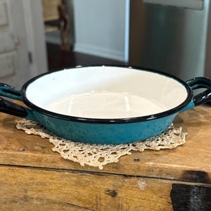 May include: A teal enamelware pan with a white interior and black handles. The pan sits on a beige lace doily atop a wooden surface. The pan is round and has two handles.