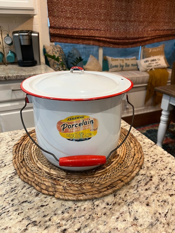 Vintage 1940's Kanawha Porcelain Enamelware White With Red Trim Stock Pot  With Wire Bale Handle 