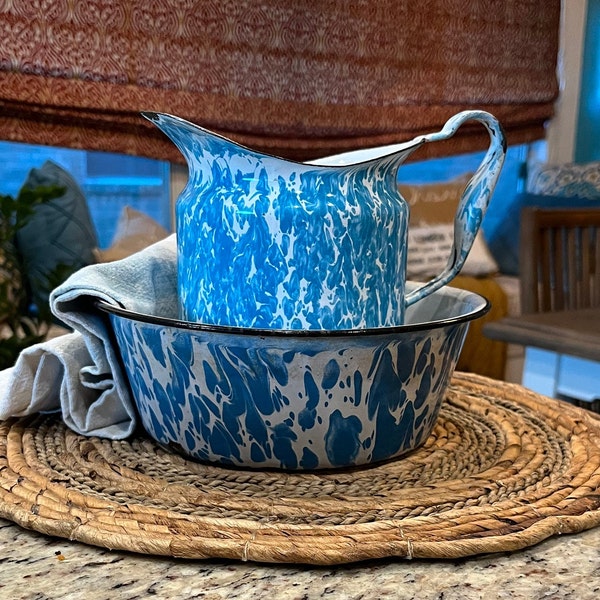 Blue Enamelware Pitcher and Basin - Etsy