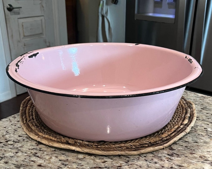 Vintage 1940's 15 Extralarge Pink Enamelware Basin Bowl With Black Trim, Antique Enamel Baby