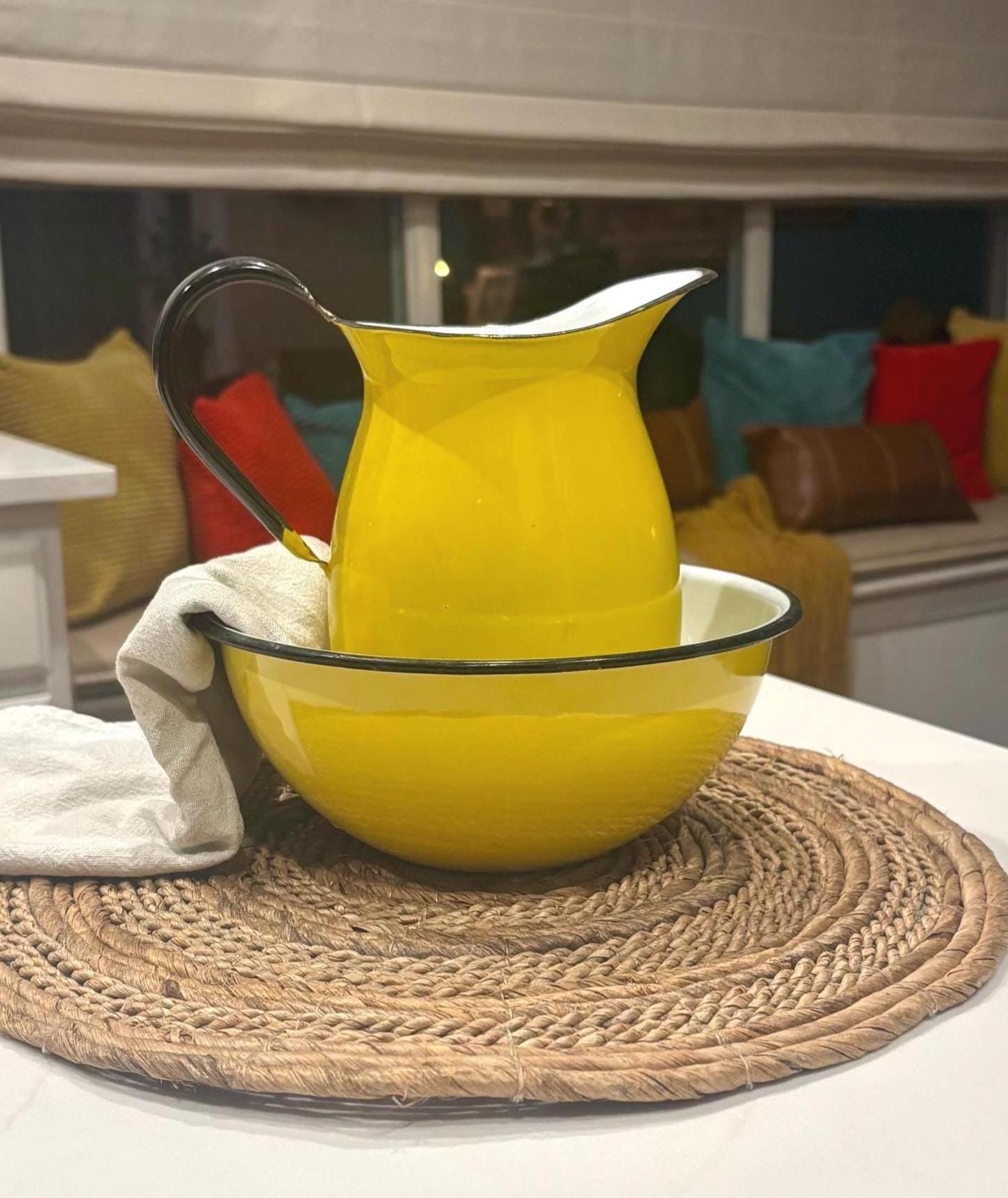 Vintage 1940's Japan OTO Enamelware Yellow With Black Trim Pitcher
