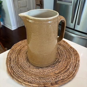 Vintage 1910's Salt Glaze Brown Crock Pottery Pitcher, Primitive Farmhouse Style, Beautiful Glaze, 9" High