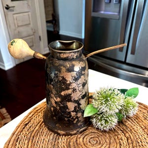 Vintage RARE 1910's Turkish Copper Coffee Pot Cezve Ibrik, Aged Patina, Rubber Pump, Copper Spout 8" High