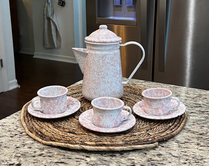 Vintage Pink and White Splatterware Enamelware Coffee, Teapot With