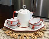 Vintage 1940 39 s Enamelware Pitcher (Pot), Tray and Four Cups Set, Perfect White and Red Trim Enamel Set
