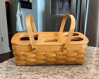 Vintage Longaberger 2000 "Travel Basket" with Double-Swing Handles, Plastic Liner with Dividers and Wood Lid With Dividers