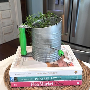 May include: A galvanized metal sifter with a green handle and knob, filled with greenery, rests atop a stack of books. The books include titles like "Own Your Space" and "Flea Market Flair". The sifter has measurements marked on the side.