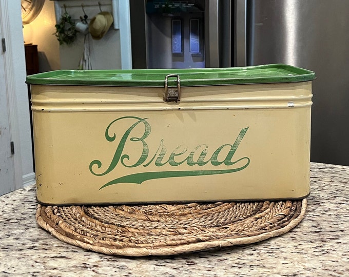 Vintage 1920's Cream and Green Enamelware Bread Box, RARE Beautiful Vintage Enamel Bread Keeper
