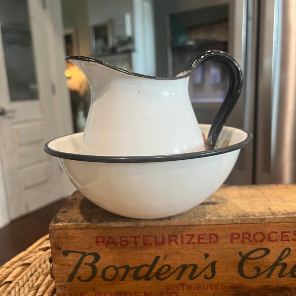 Vintage 1900's Small Enamelware White with Black Trim Children's Pitcher and Matching Bowl, Basin, Sweet and Rare Farmhouse Decor