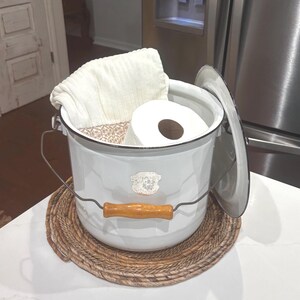 Vintage 1940's Enamelware Combinet Pot, White with Black Trim, Wire Bale Swing Fitted Handle, Wood Grip Paneled Sides, Neat Antique Enamel