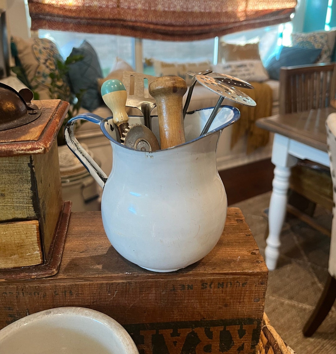 Vintage 1930's Enamelware White With Danish Blue Trim Children's