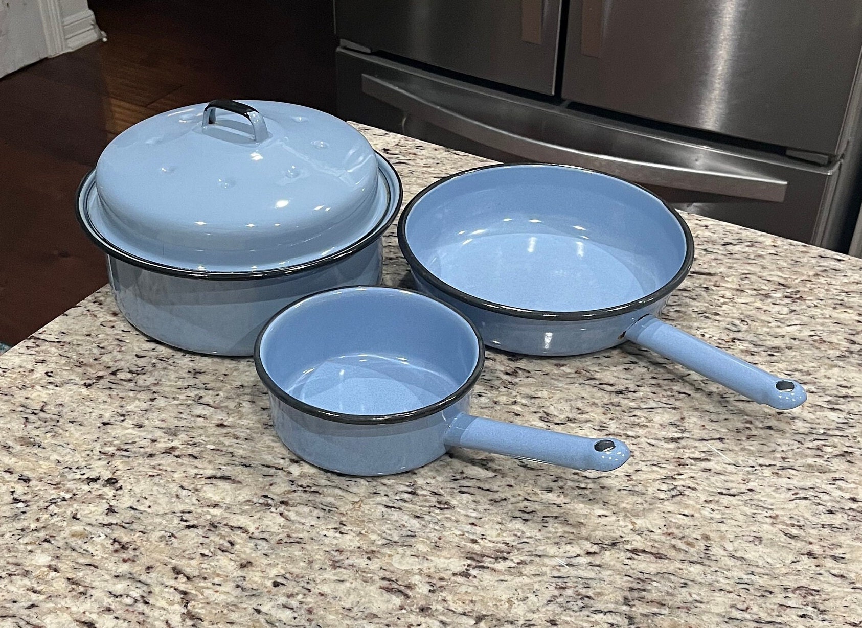 Vintage 1950's Blue With Black Trim Enamelware Roaster and Pans Set,  Beautiful Blue Antique Enamel Cookware 