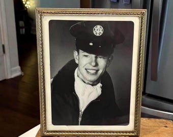 Vintage 1950's Gold Plated 8" x 10" Frame, Velvet Easel Back, Original Korean War Airman Photograph
