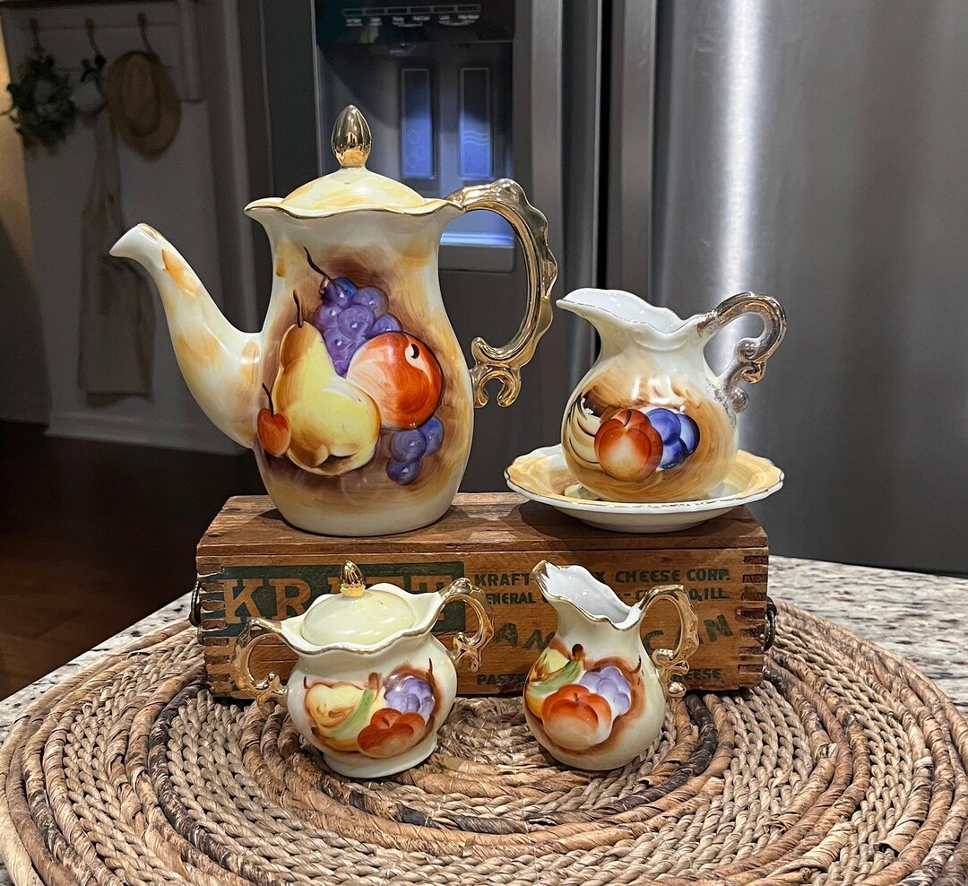 Vintage 1960's Enesco Teapot, Pitcher and Plate, Creamer and Sugar Bowl