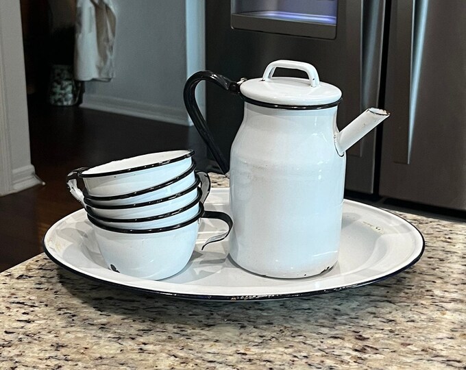 Vintage 1930's Enamelware Tea Set, Tray, Pot and Five Cups, White With