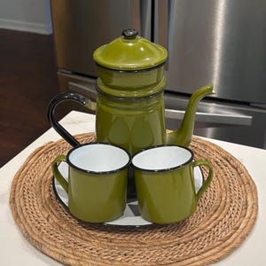 Vintage 1950's Enamelware Avocado Green with Black Trim Gooseneck Percolator Coffee Pot, Two Matching Coffee Cups & an Antique Enamel Plate
