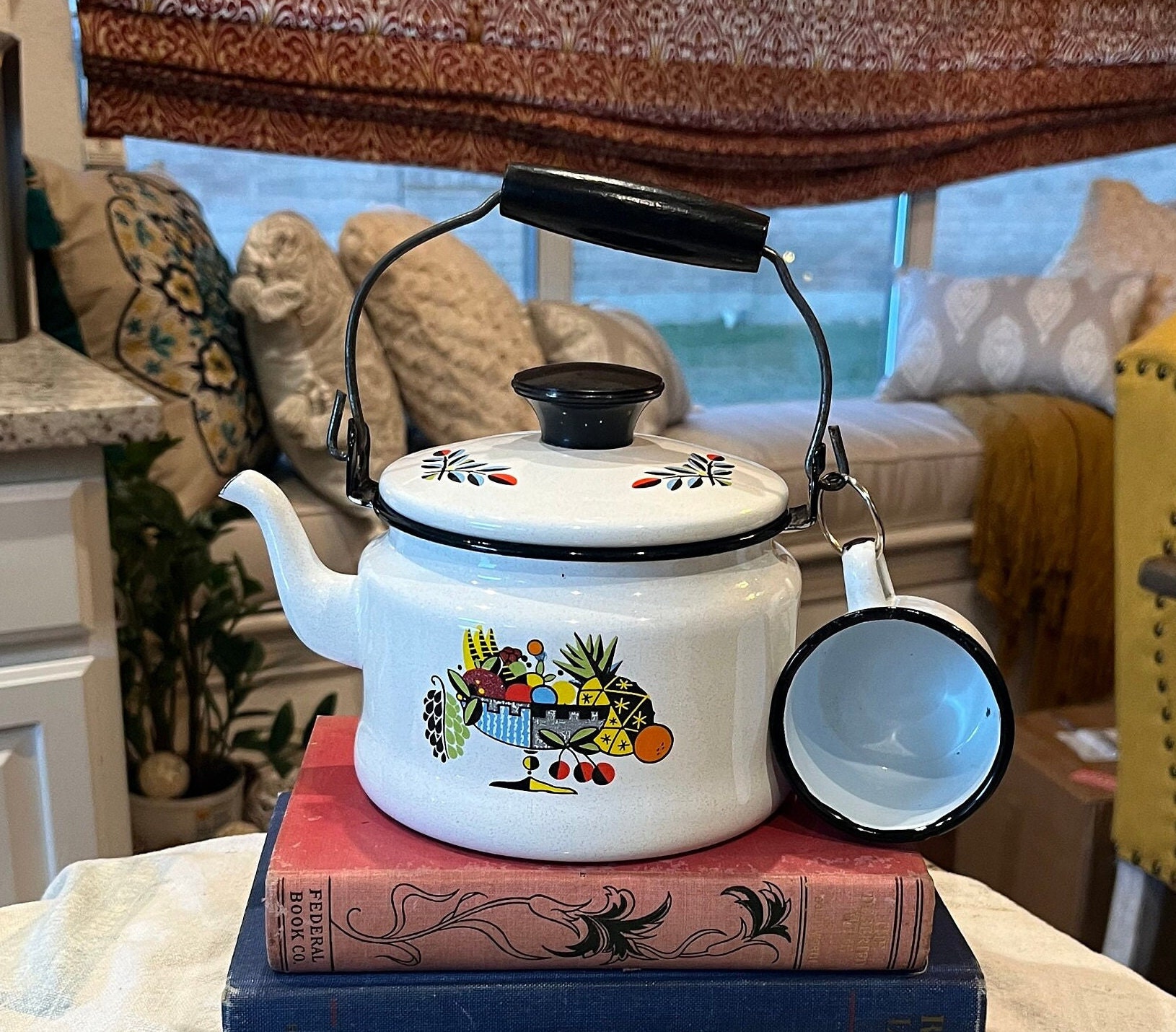 Vintage Early 1960's Georges Briard Fiesta Enamelware Teapot and