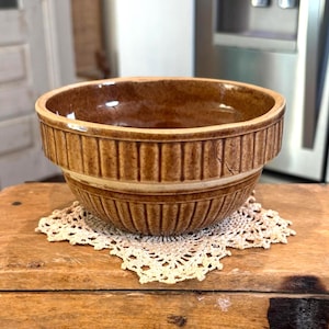 May include: A brown ceramic mixing bowl with vertical ribbed detailing. The bowl has a wide rim and sits on a cream-colored, crocheted doily. The bowl is displayed on a wooden surface.