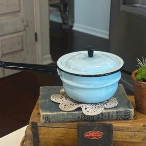 May include: A light blue enamel saucepan with a black handle and a matching lid. The pot features a black rim and a black knob on the lid. The saucepan is round with a smooth finish and a long, straight handle extending from the side of the body.