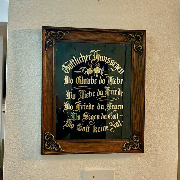 Vintage Early 1900's German Prayer Sign in Solid Oak Frame, "Divine House Blessing" Reverse Painting Gold Etching