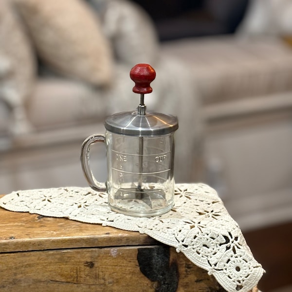 Vintage 1940's Hazel Glass Measuring Cup Food and Nut Chopper with Red Wood Handle