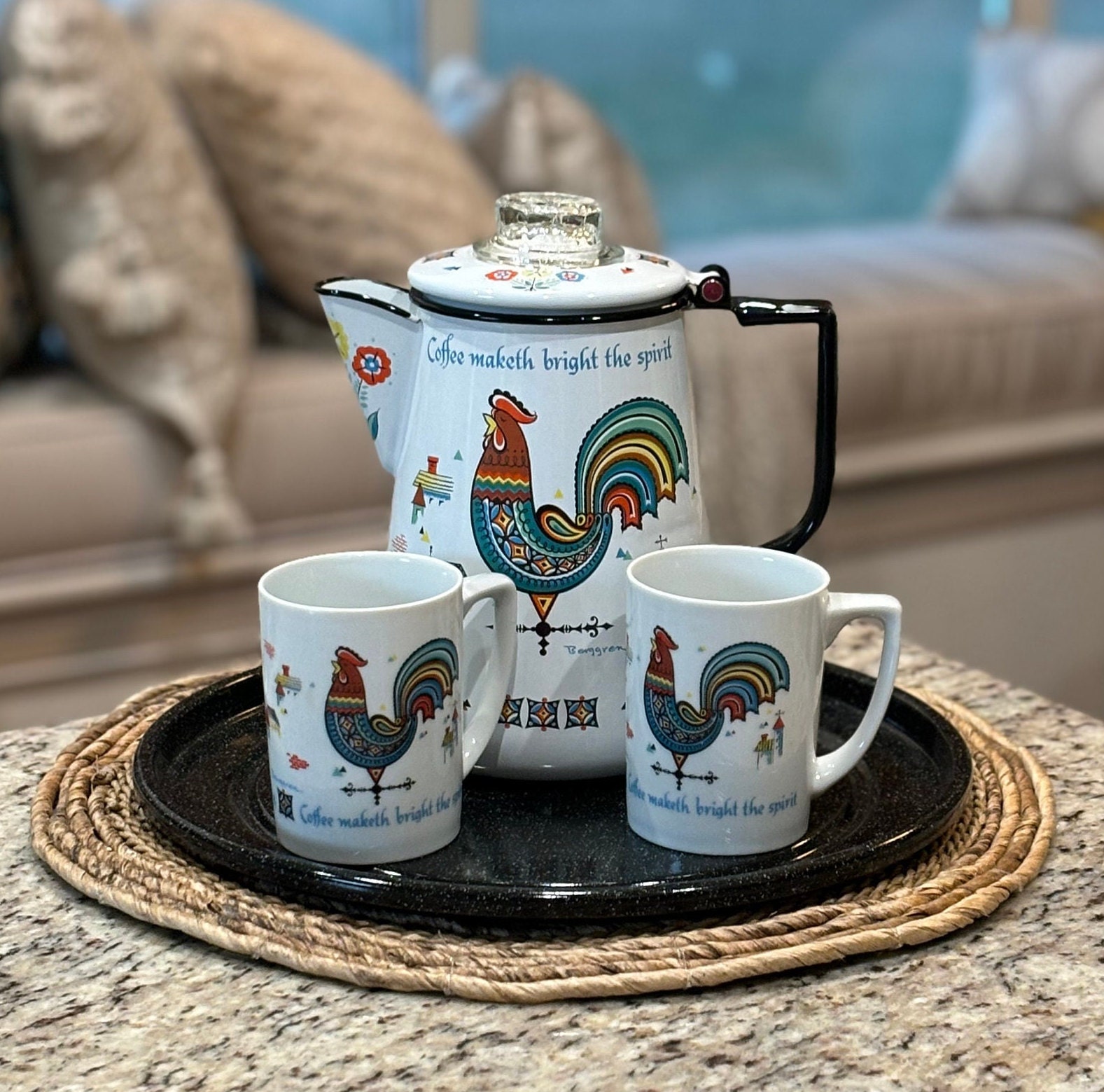Vintage 1950 s RARE Berggren Swedish Enamelware Coffee Pot With Black Trim Rooster Design Glass Knob Coffee Cups Black Enamel Tray Etsy