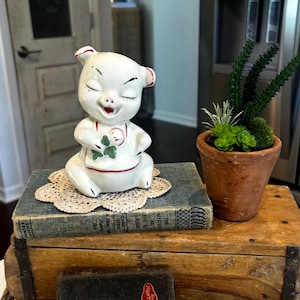 Vintage 1940's Shawnee Pottery "Smiley Pig" Painted Ceramic Porcelain Piggy Bank, Antique Coin Bank, Four Leaf Clover